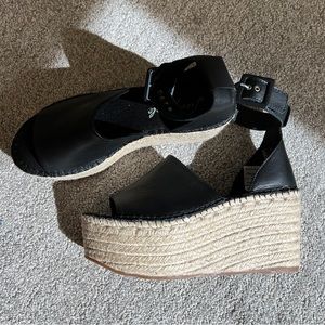 BRAND NEW Free People Black Leather Espadrille Platform Sandals with Ankle Strap